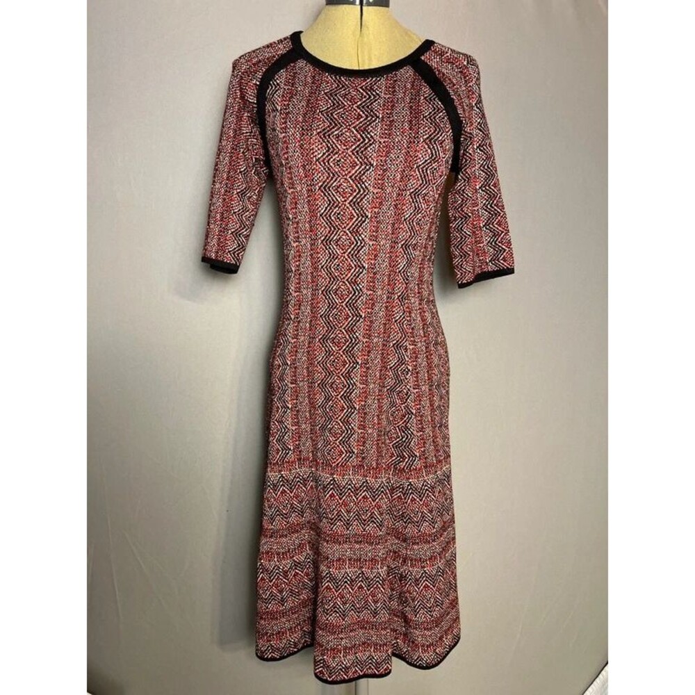 Dressbarn Women's M Burgundy Black Cream Knit Midi Dress 3/4 Sleeve